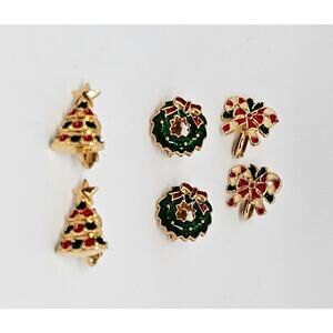 Lot of 3 Christmas Clip On Earrings Enamel Gold Tone Tree Wreath Bows Xmas X-mas